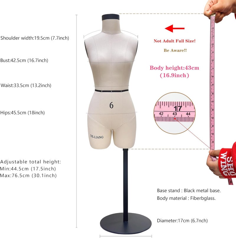 DE-LIANG Half Scale Dress Form（Not Adult Full Size） 1:2 Miniature Sewing Half Size Mannequin Not Fully Pinable Dressmaker Dummy 43cm Body Height Female Torso Tailor Model for Draping Beige - Image 1